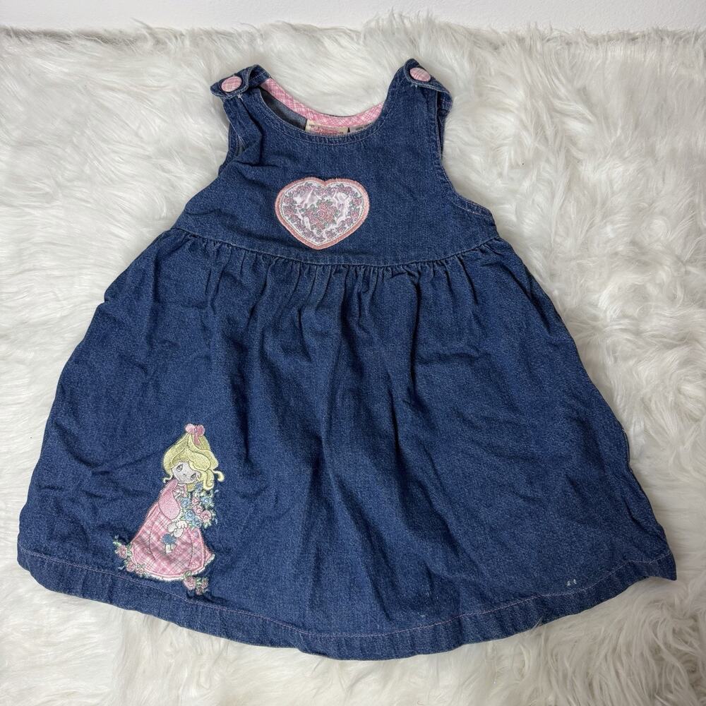 Girls 2T PRECIOUS MOMENTS Vintage Y2K Embroidered DENIM JUMPER DRESS 100% Cotton